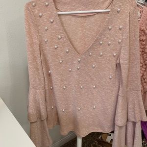 Blush Pearl Embellished Bell Sleeve Top